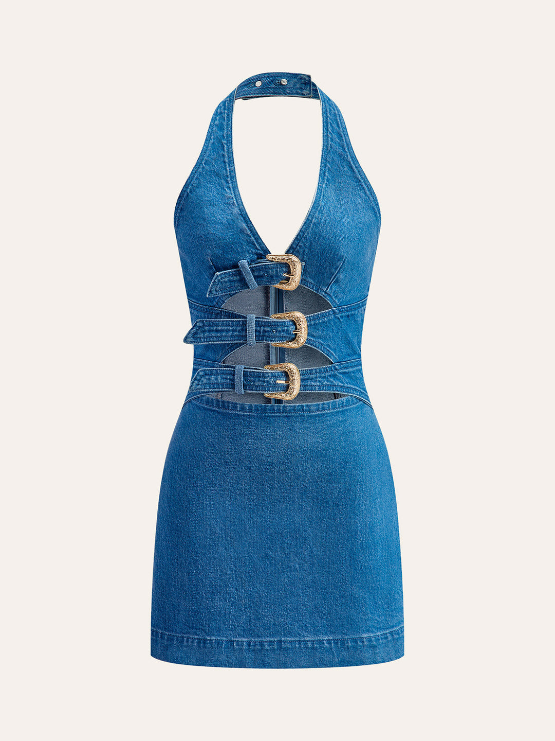 Robe en jean à col licou avec boucle