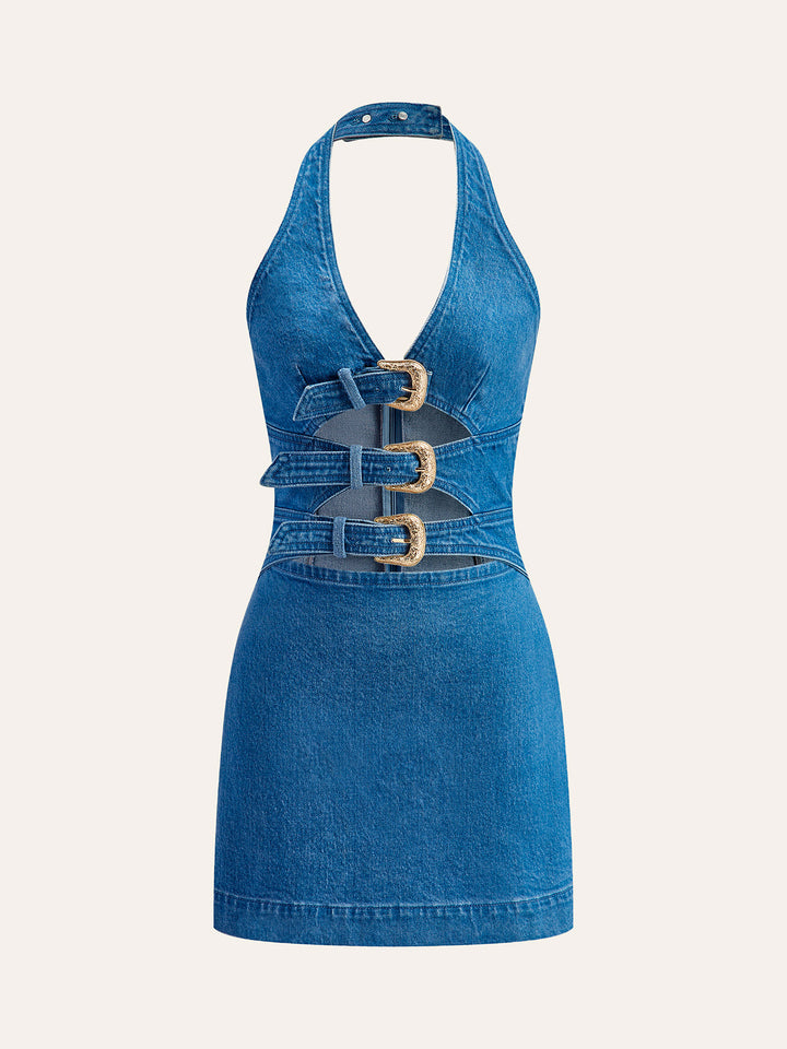 Robe en jean à col licou avec boucle