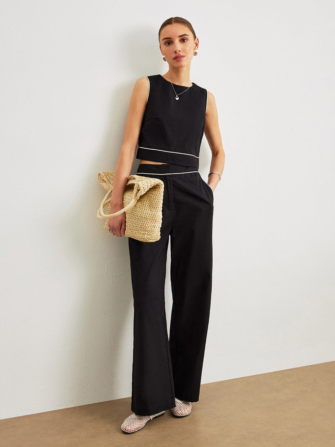 Ensemble pantalon en coton et lin avec poches