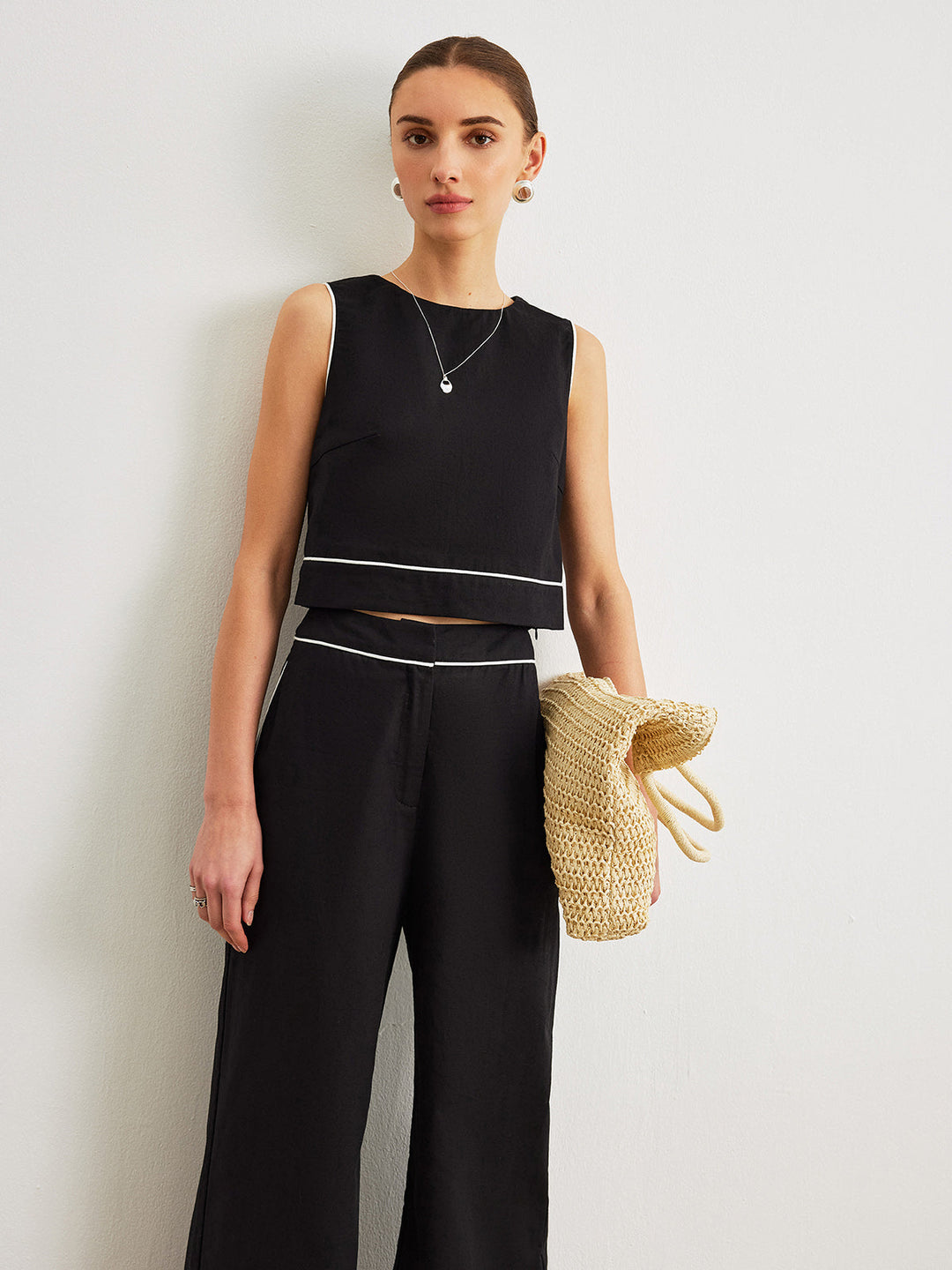 Ensemble pantalon en coton et lin avec poches