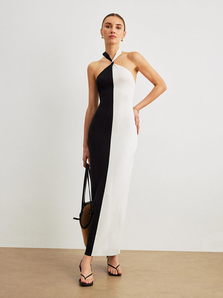 Robe Longue Nouée au Dos sans Bretelles à Blocs de Couleurs