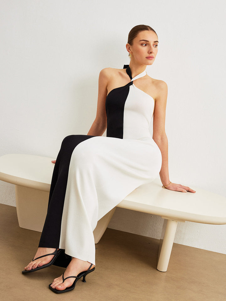 Robe Longue Nouée au Dos sans Bretelles à Blocs de Couleurs
