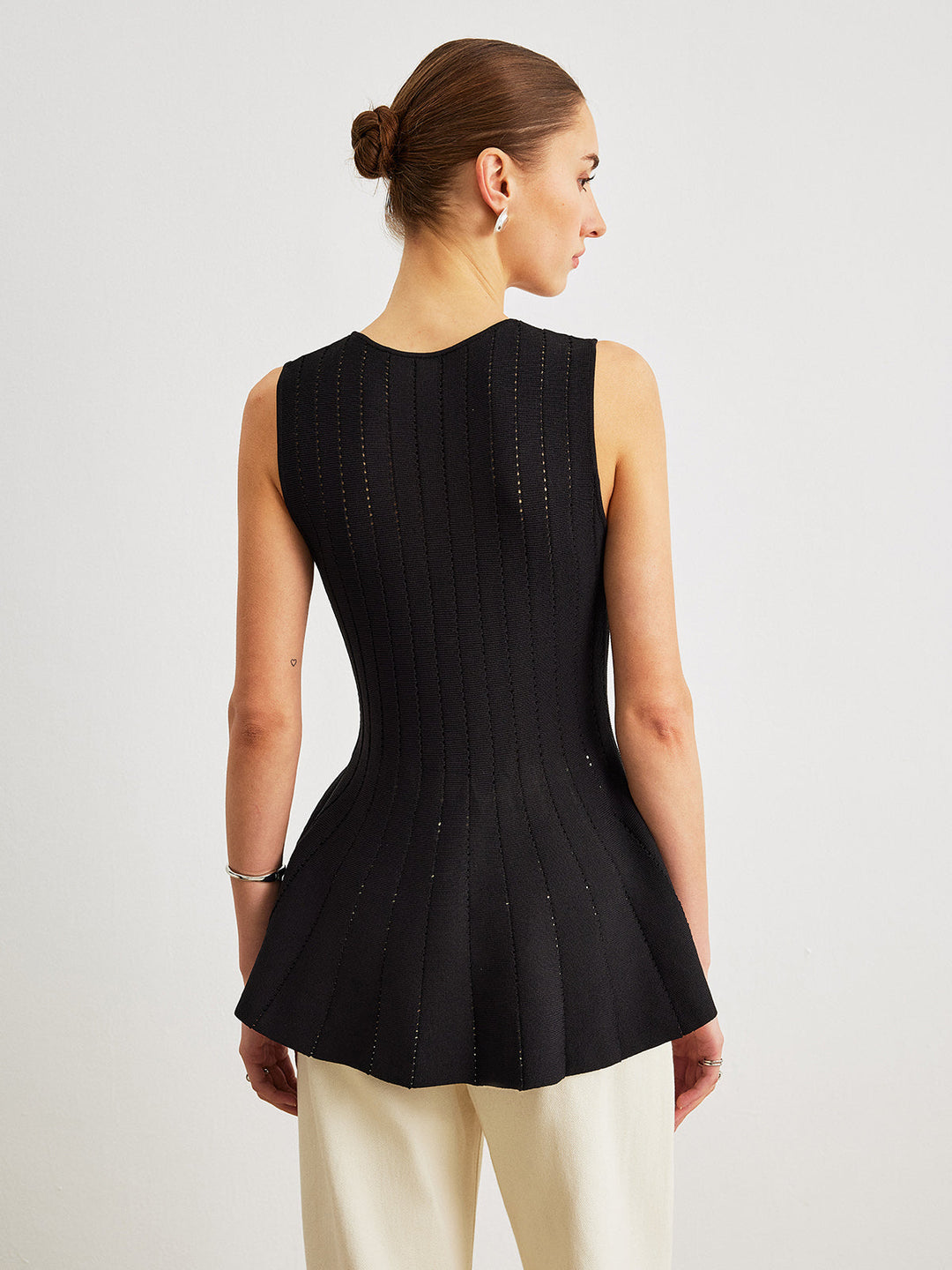 Haut Peplum Semi-Transparent en Tricot avec Détail Nœud