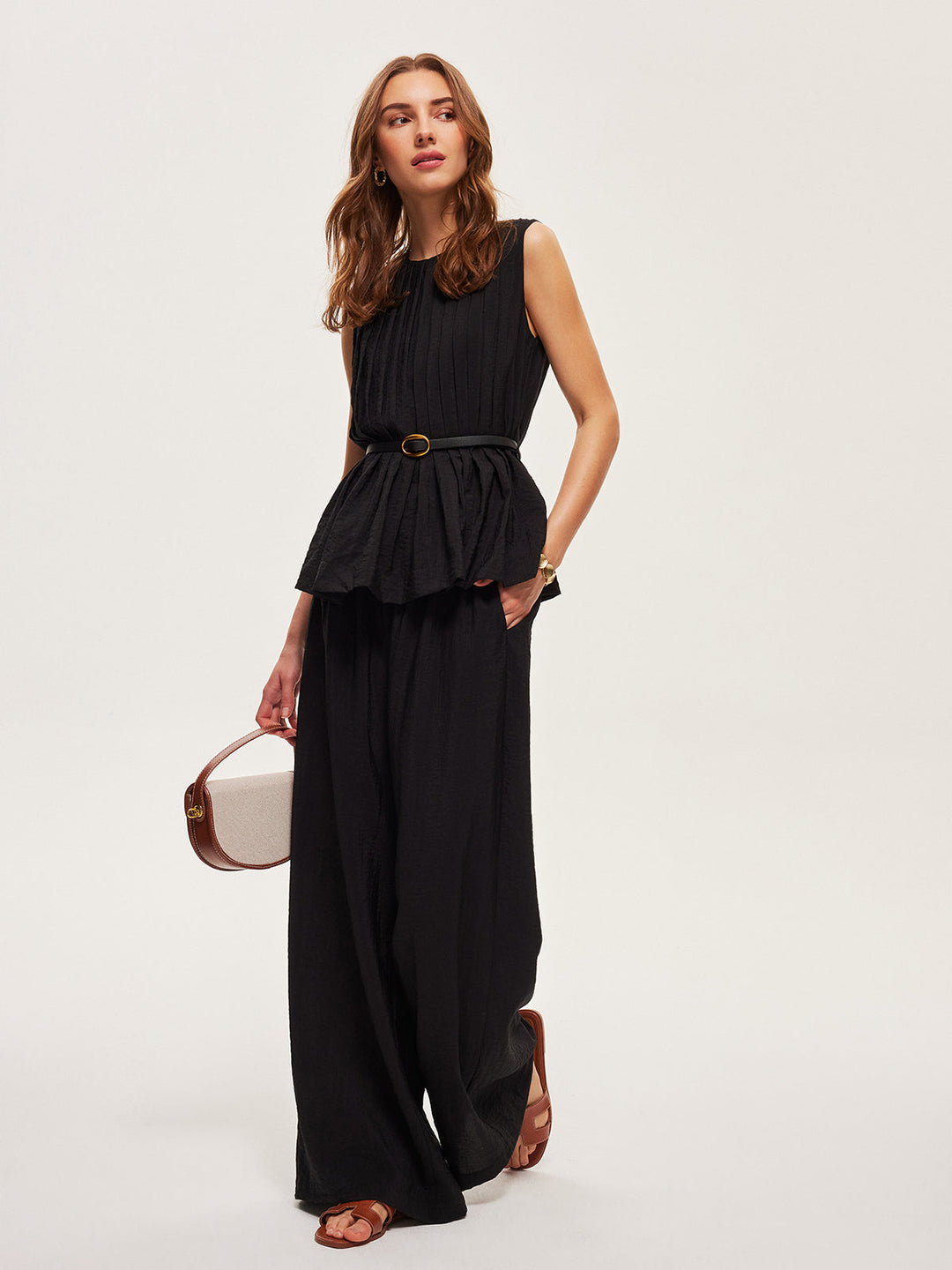 Ensemble Pantalon Large Ceinture Haut Peplum