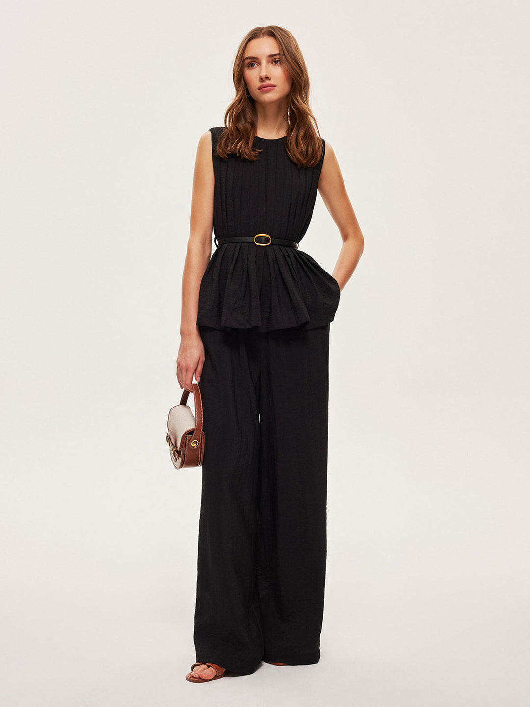 Ensemble Pantalon Large Ceinture Haut Peplum