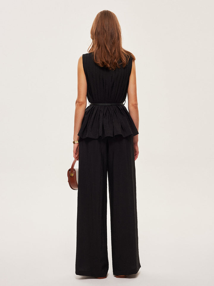 Ensemble Pantalon Large Ceinture Haut Peplum