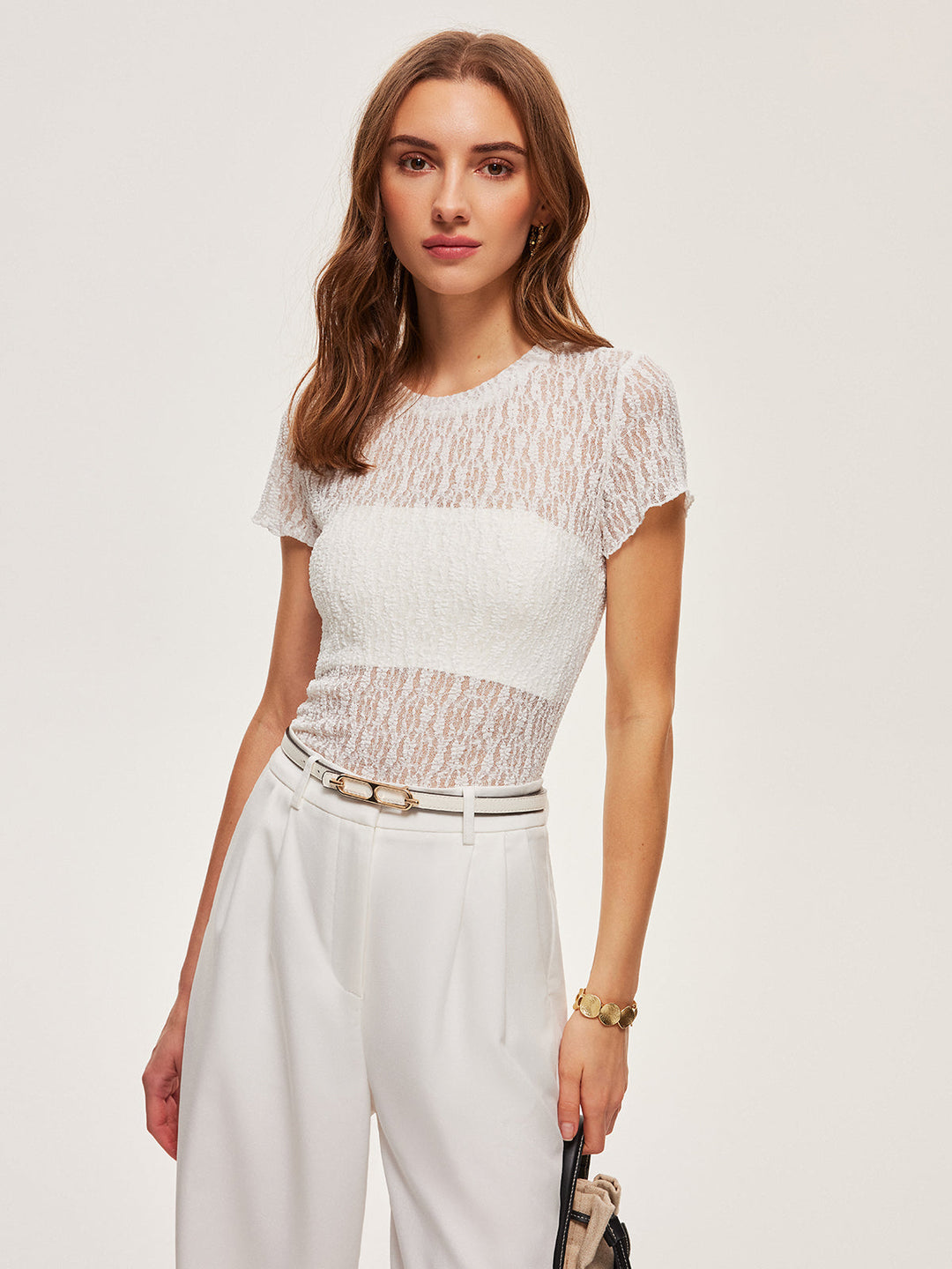 T-shirt à Manches Courtes en Dentelle Semi-Transparente