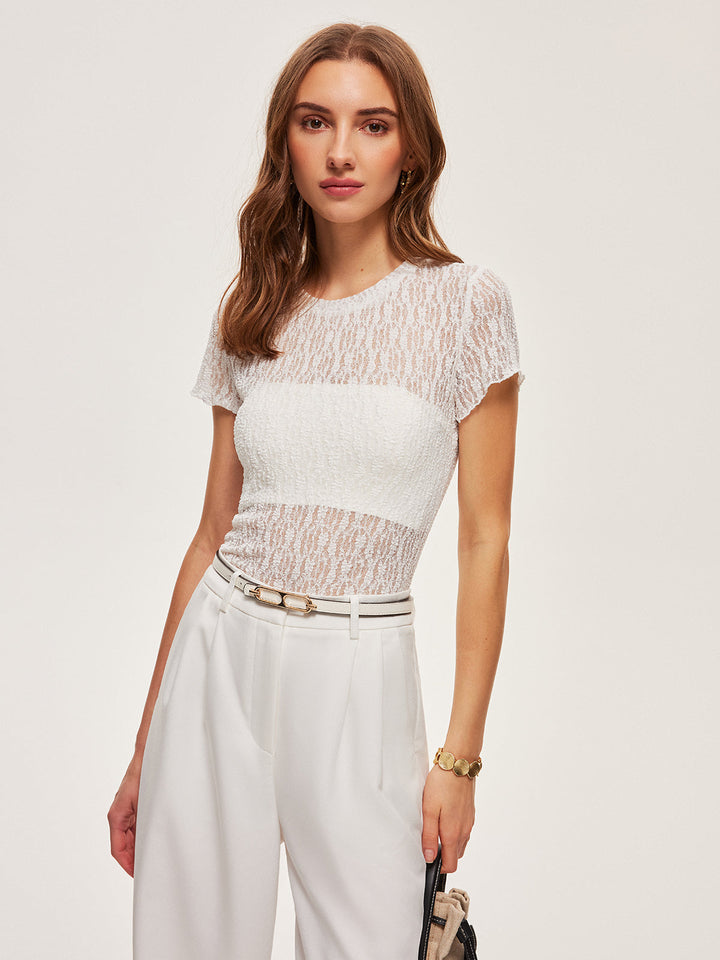T-shirt à Manches Courtes en Dentelle Semi-Transparente