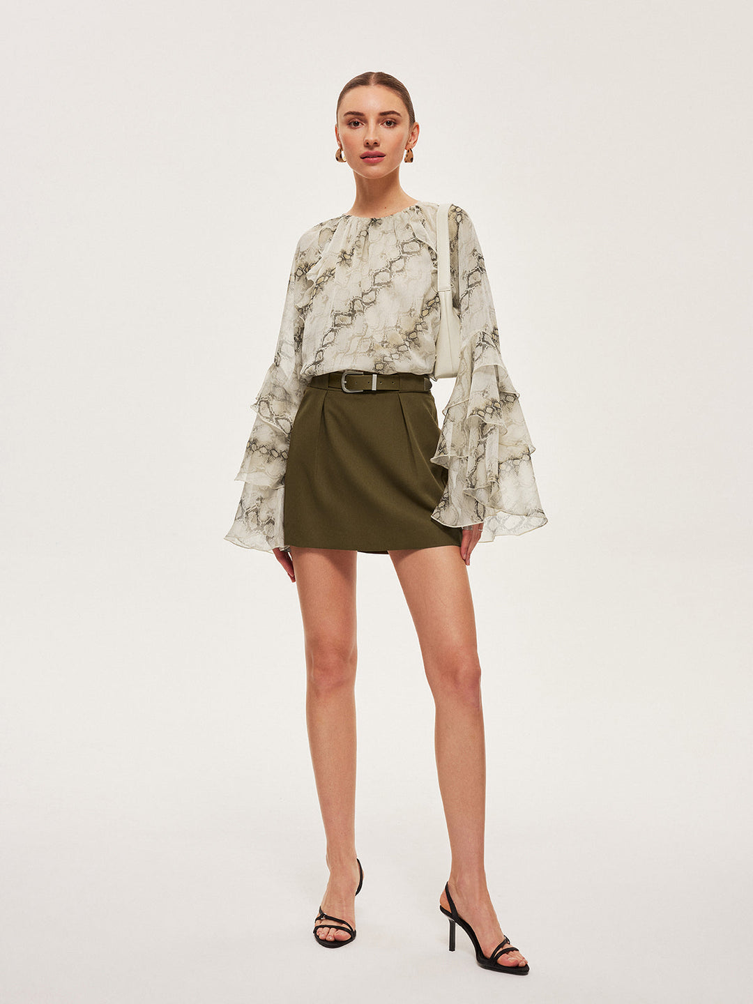 Blouse en mousseline à manches volantées et imprimé semi-transparent