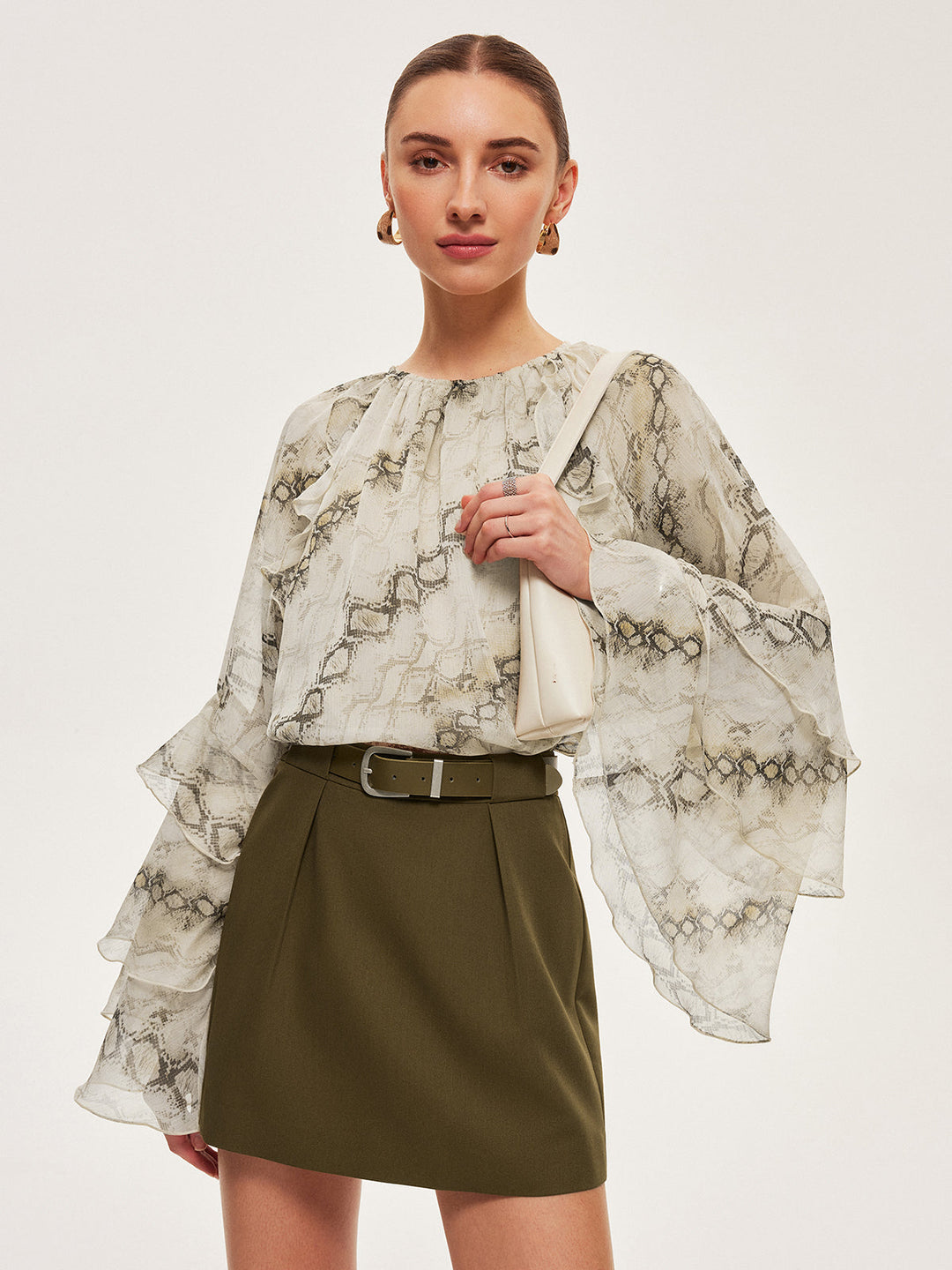 Blouse en mousseline à manches volantées et imprimé semi-transparent