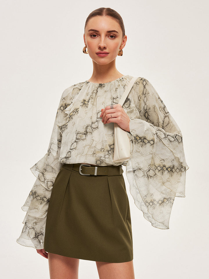 Blouse en mousseline à manches volantées et imprimé semi-transparent