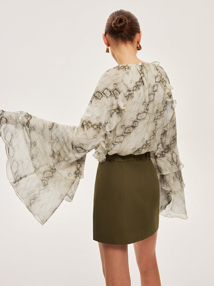 Blouse en mousseline à manches volantées et imprimé semi-transparent