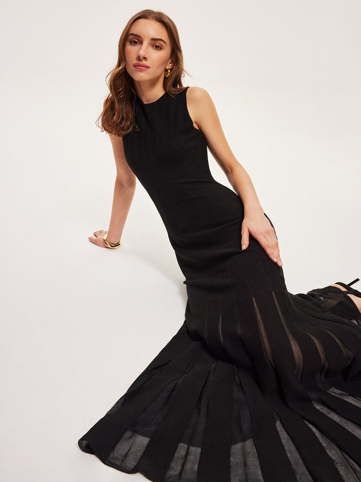 Robe Longue Évasée en Maille Semi-Transparente Sans Ceinture