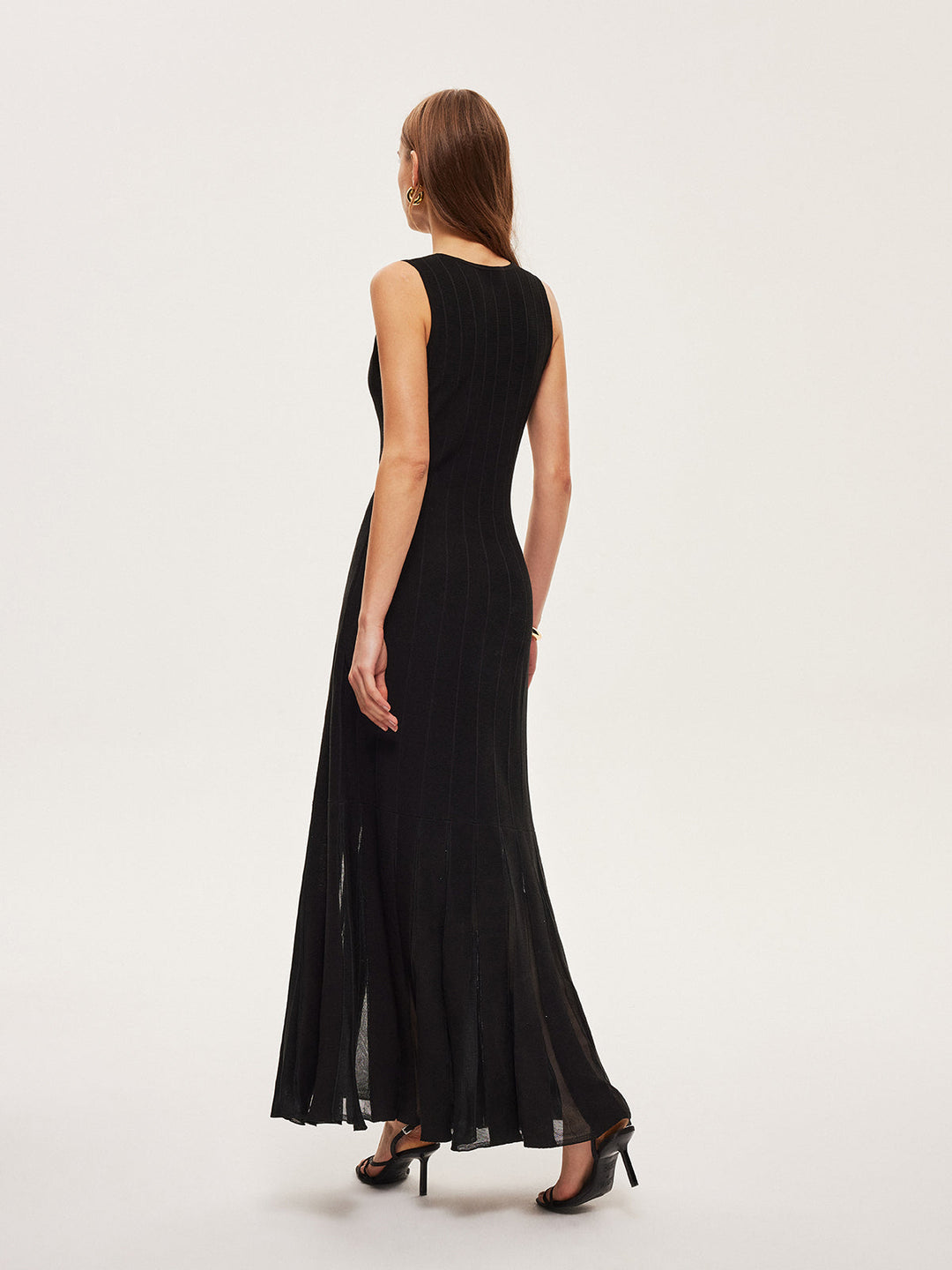 Robe Longue Évasée en Maille Semi-Transparente Sans Ceinture