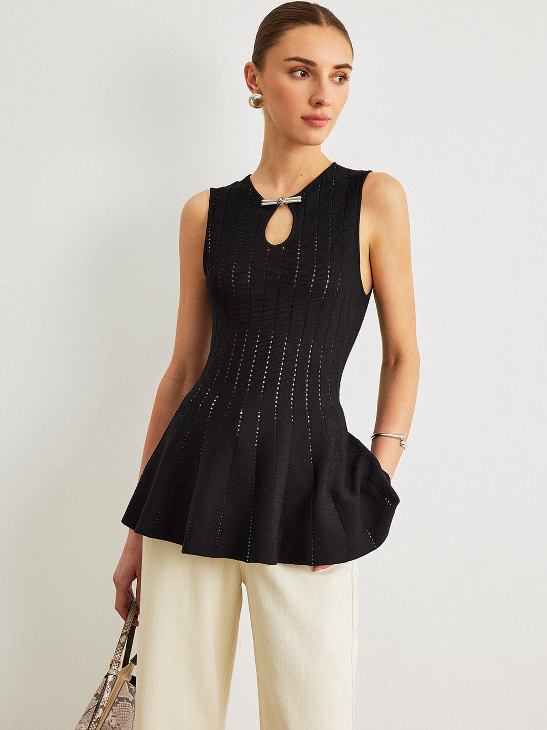 Haut Peplum Semi-Transparent en Tricot avec Détail Nœud
