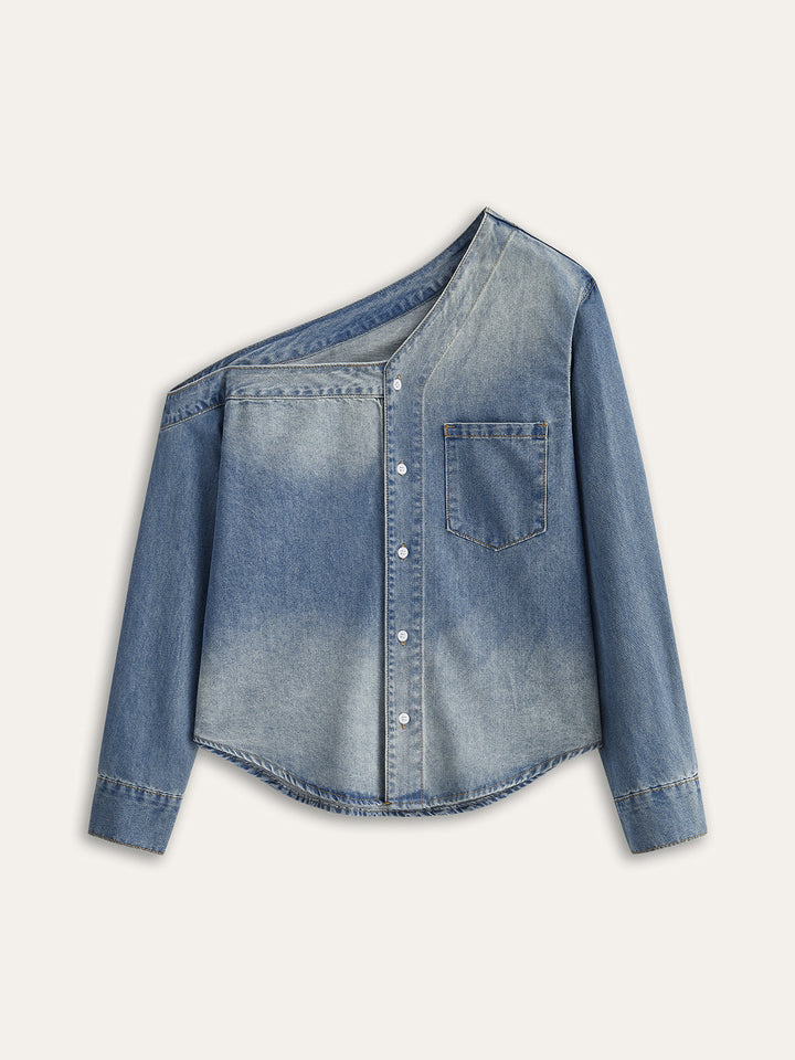 Chemise courte en jean à col asymétrique
