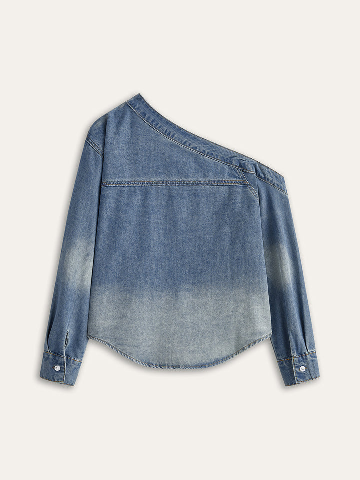Chemise courte en jean à col asymétrique