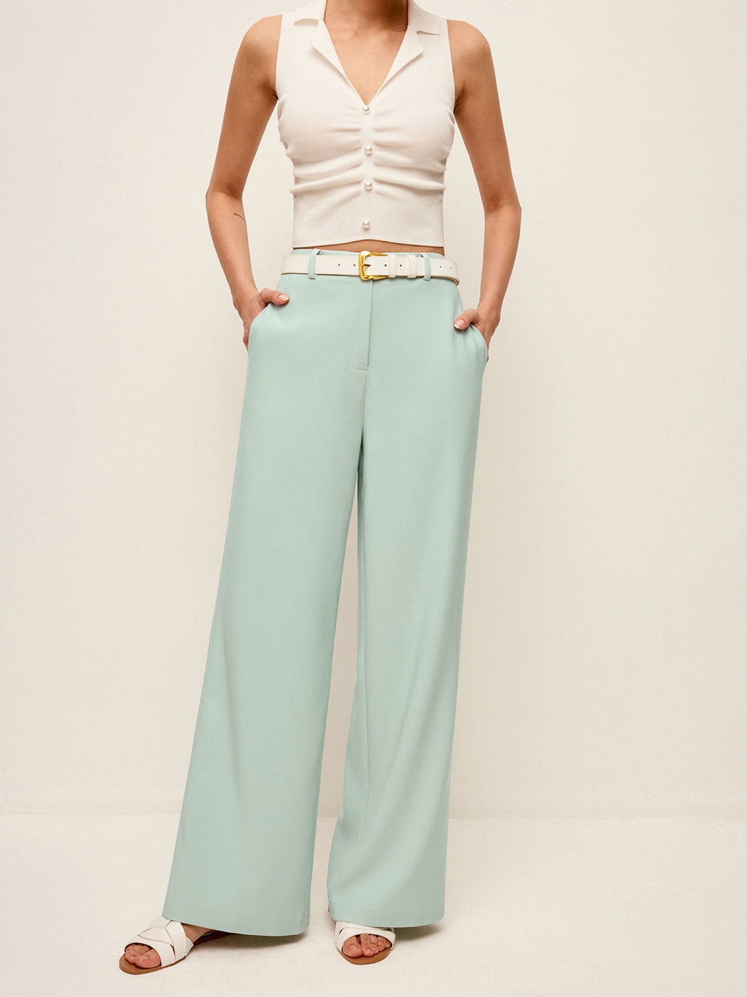 Pantalon large taille mi-haute sans ceinture