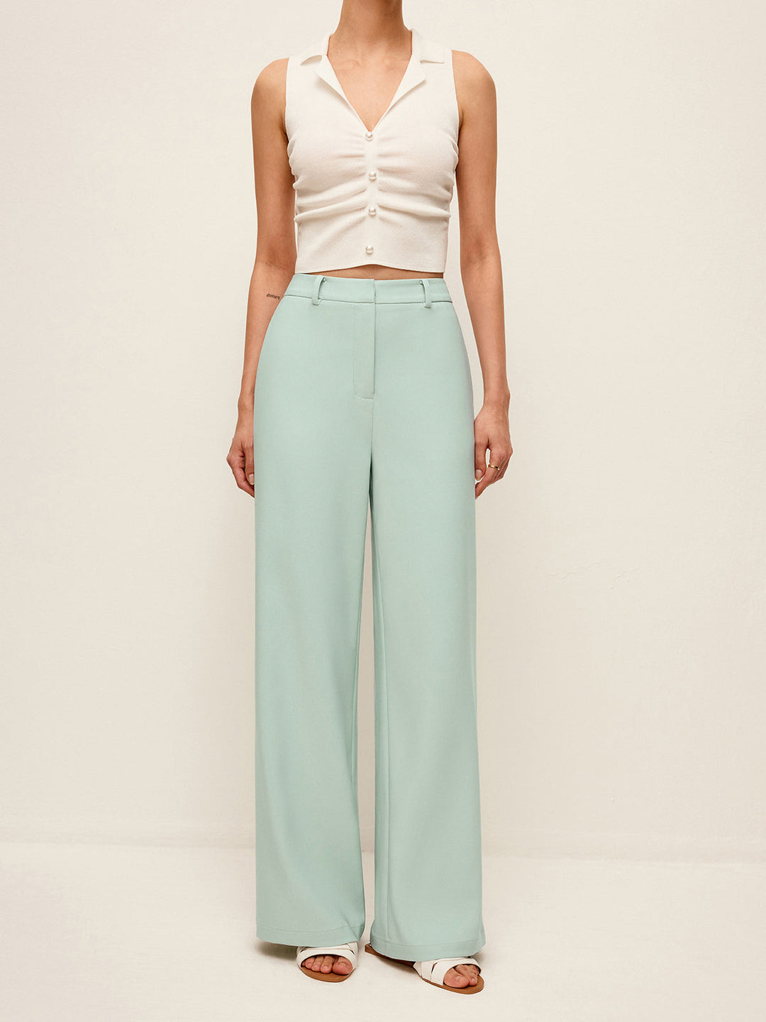 Pantalon large taille mi-haute sans ceinture