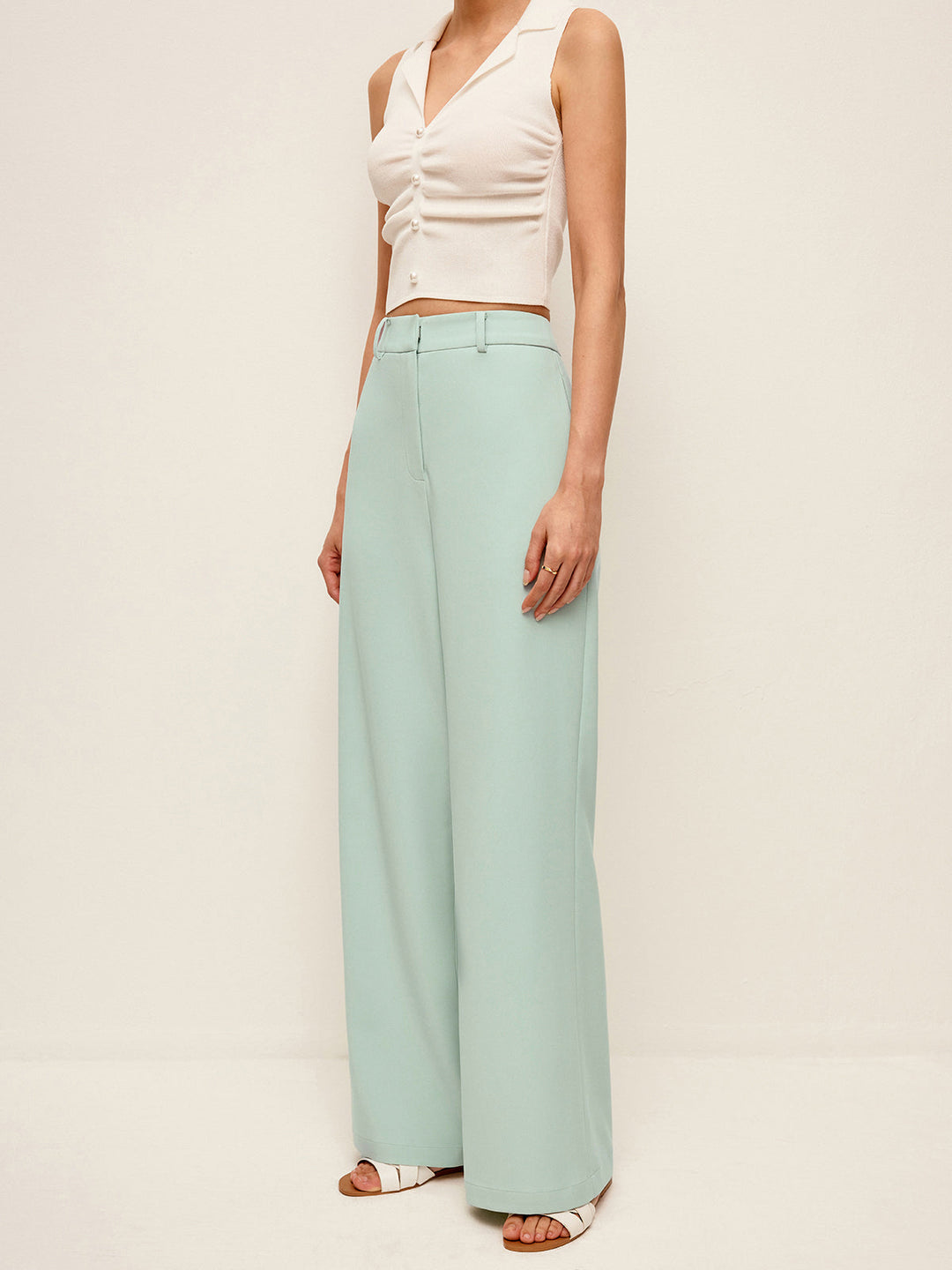 Pantalon large taille mi-haute sans ceinture