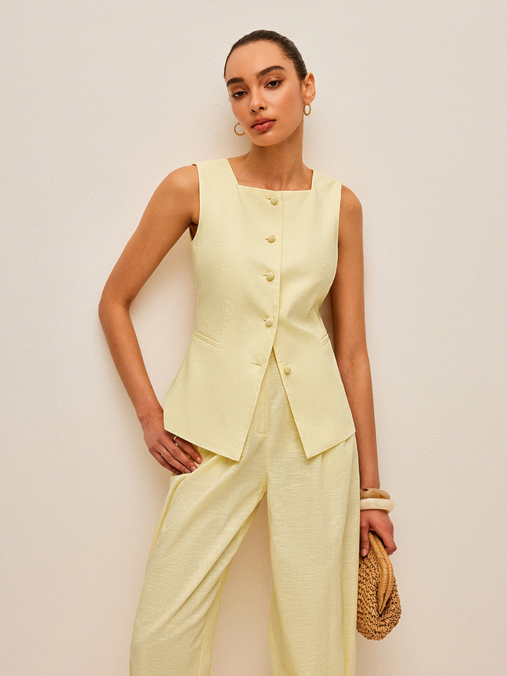 Ensemble pantalon et gilet à nouer en coton et lin avec poches