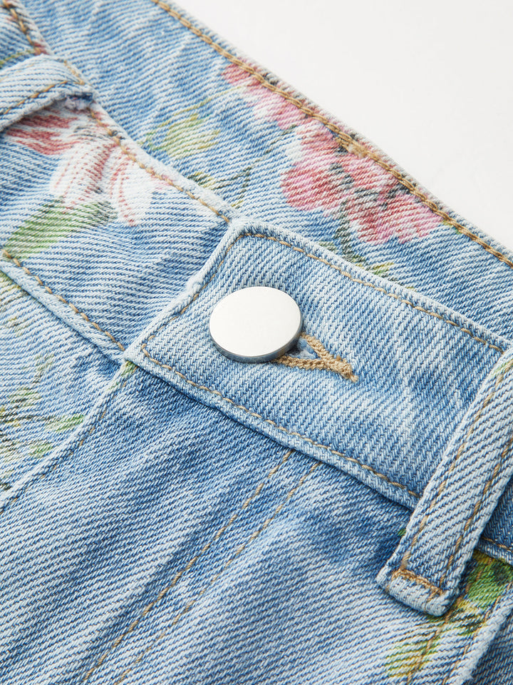Pantalon en jean taille mi-haute à imprimé floral
