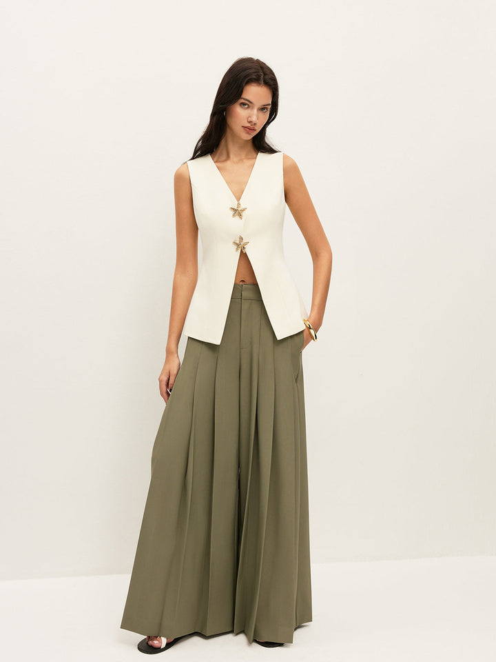 Pantalons Ample Coupe Droite Taille Mi-Haute Plissée à Fermeture Éclair avec Poches