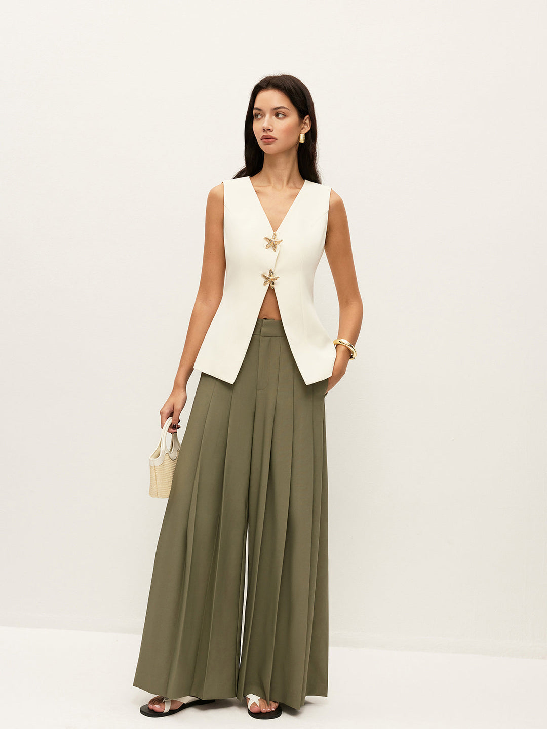 Pantalons Ample Coupe Droite Taille Mi-Haute Plissée à Fermeture Éclair avec Poches
