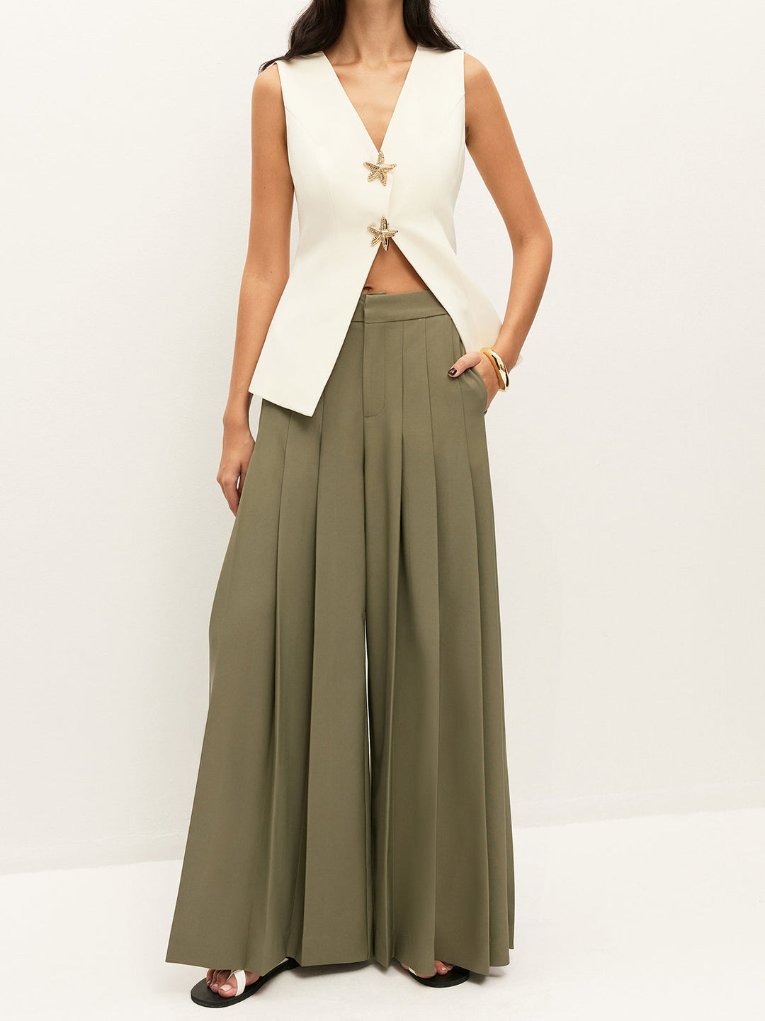 Pantalons Ample Coupe Droite Taille Mi-Haute Plissée à Fermeture Éclair avec Poches