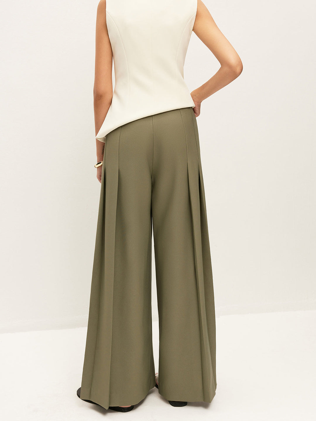 Pantalons Ample Coupe Droite Taille Mi-Haute Plissée à Fermeture Éclair avec Poches