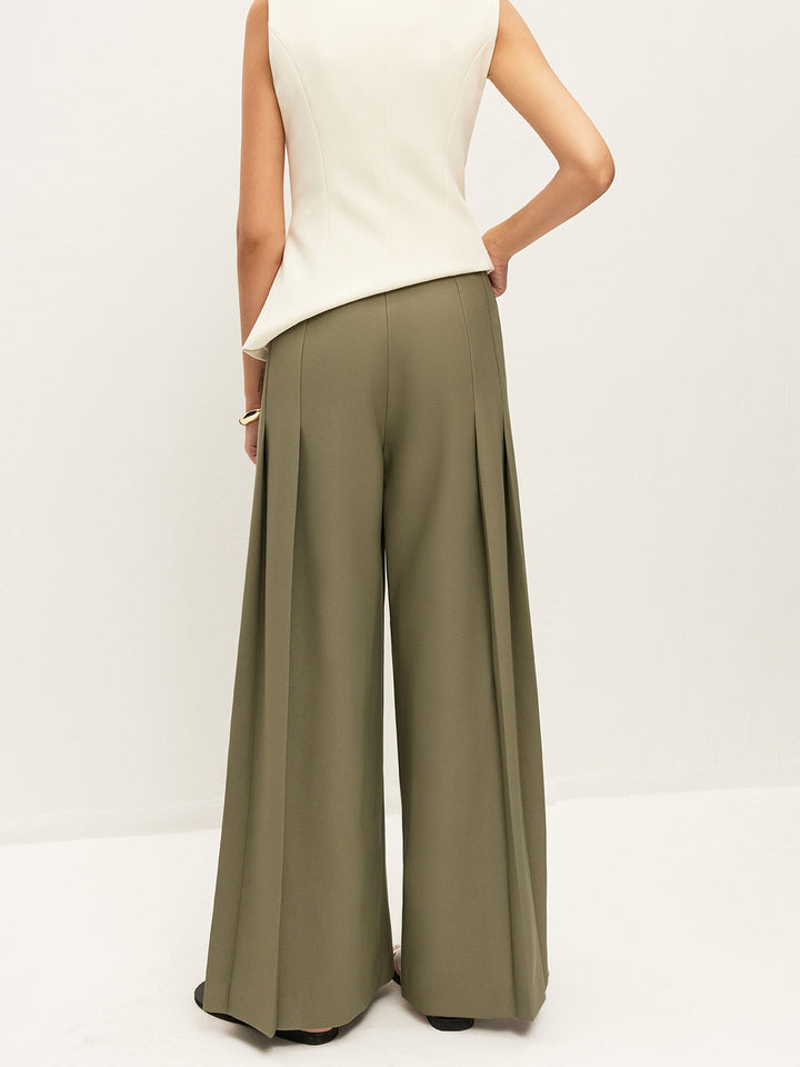 Pantalons Ample Coupe Droite Taille Mi-Haute Plissée à Fermeture Éclair avec Poches