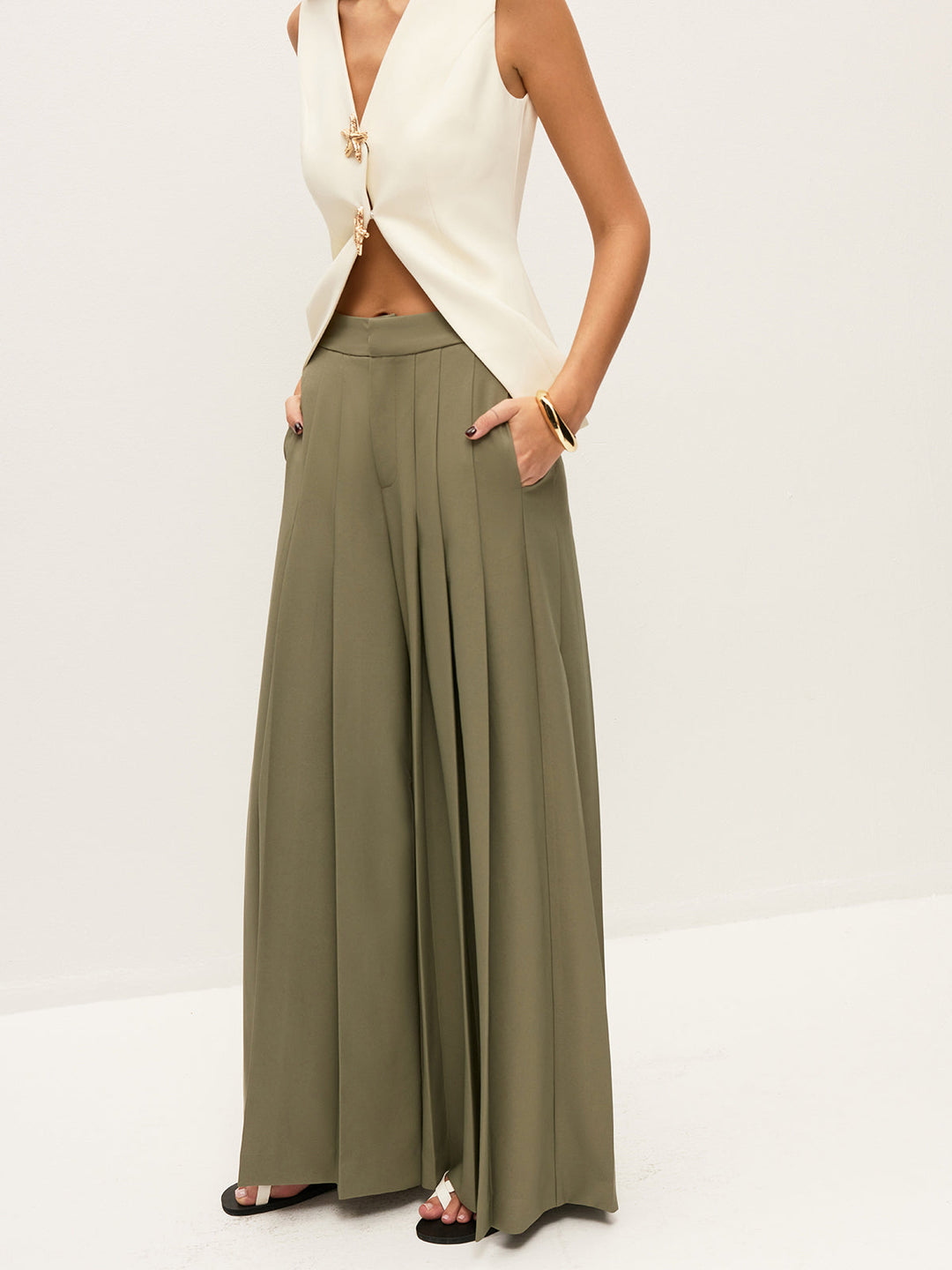 Pantalons Ample Coupe Droite Taille Mi-Haute Plissée à Fermeture Éclair avec Poches