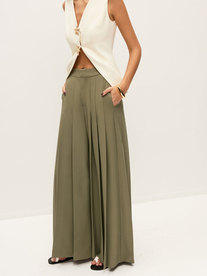 Pantalons Ample Coupe Droite Taille Mi-Haute Plissée à Fermeture Éclair avec Poches