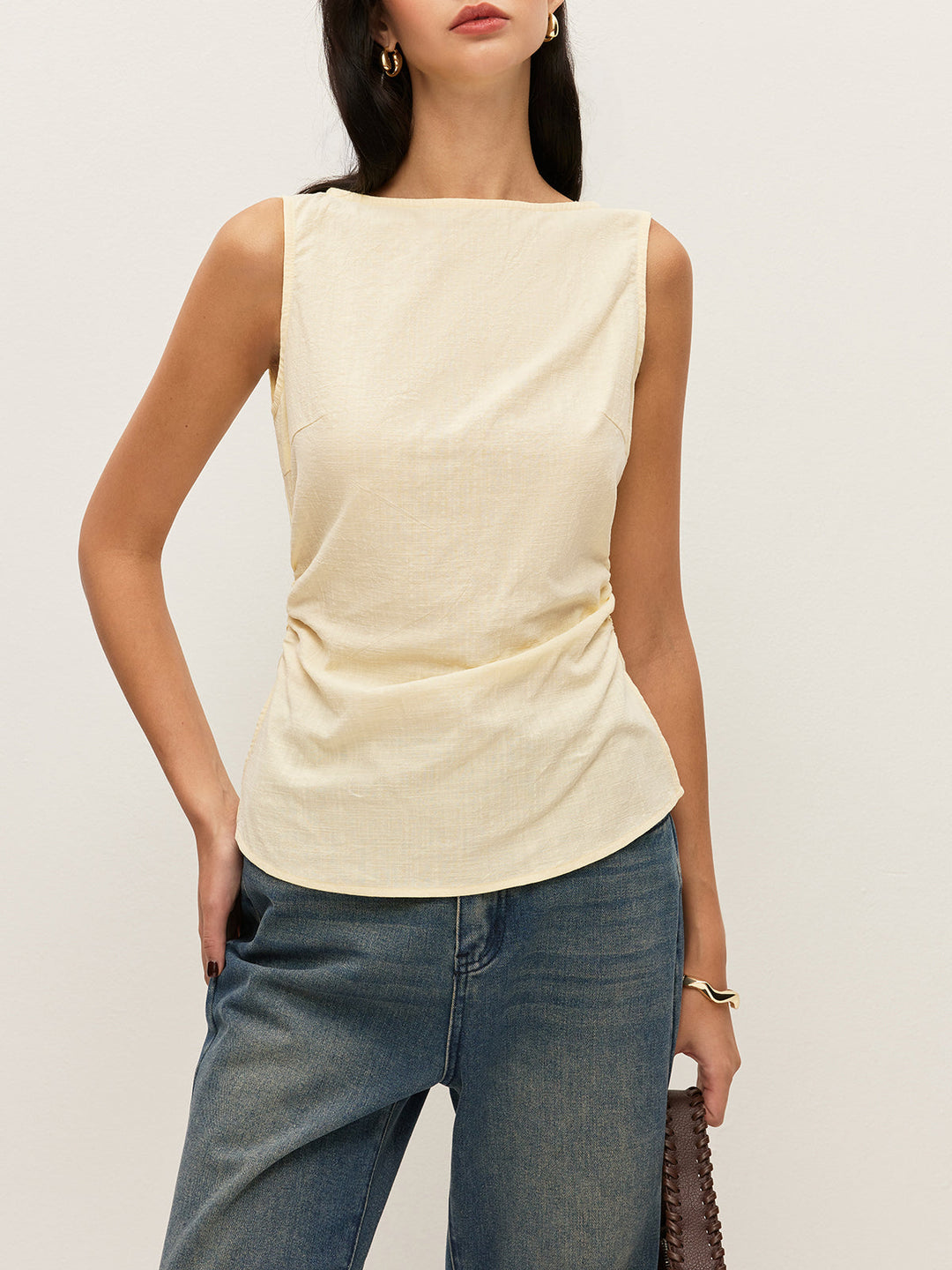 Blouse sans manches en coton uni à col bateau et taille froncée