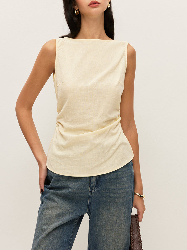 Blouse sans manches en coton uni à col bateau et taille froncée