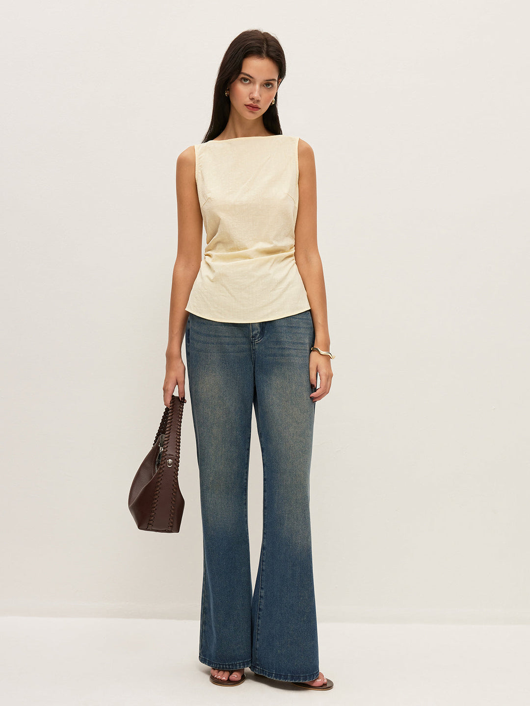 Blouse sans manches en coton uni à col bateau et taille froncée