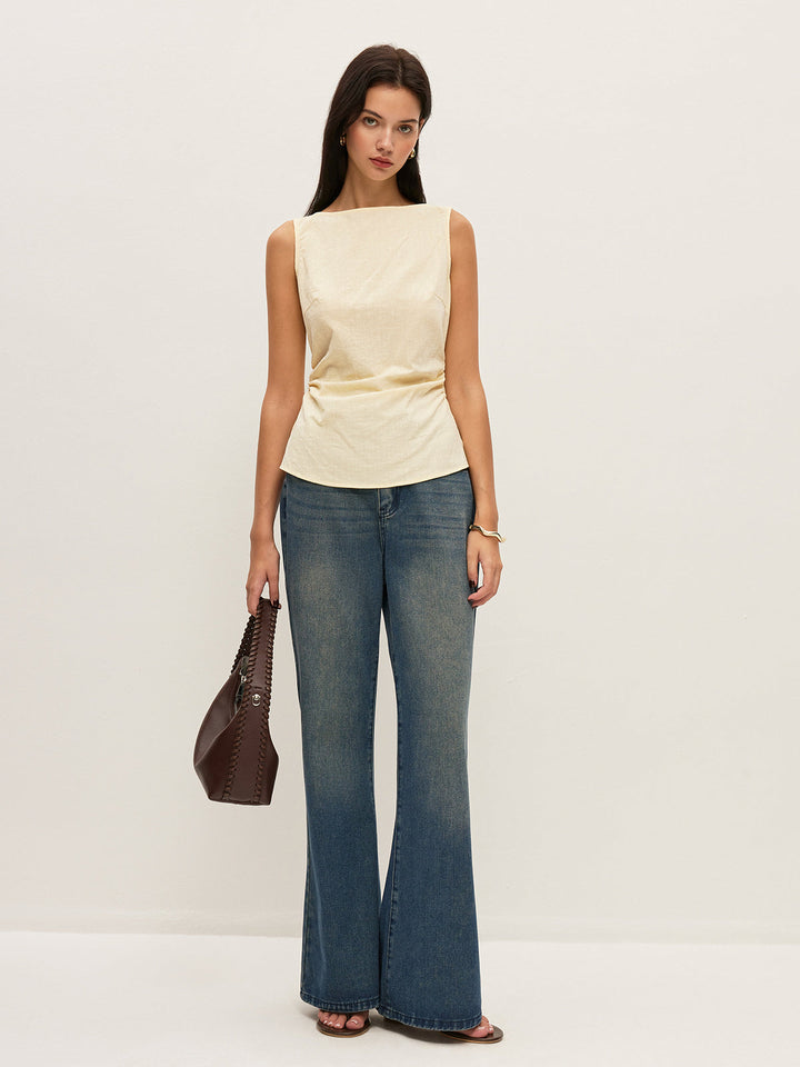 Blouse sans manches en coton uni à col bateau et taille froncée