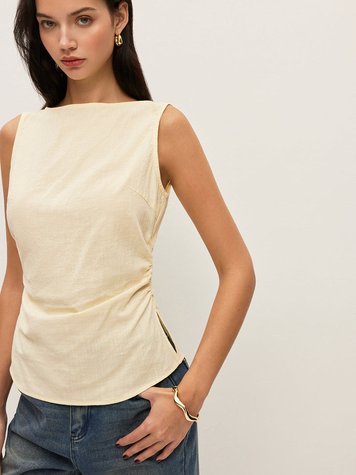 Blouse sans manches en coton uni à col bateau et taille froncée