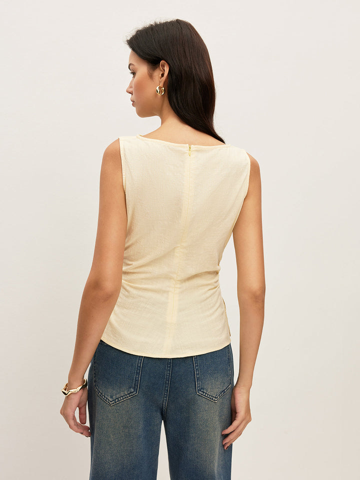 Blouse sans manches en coton uni à col bateau et taille froncée