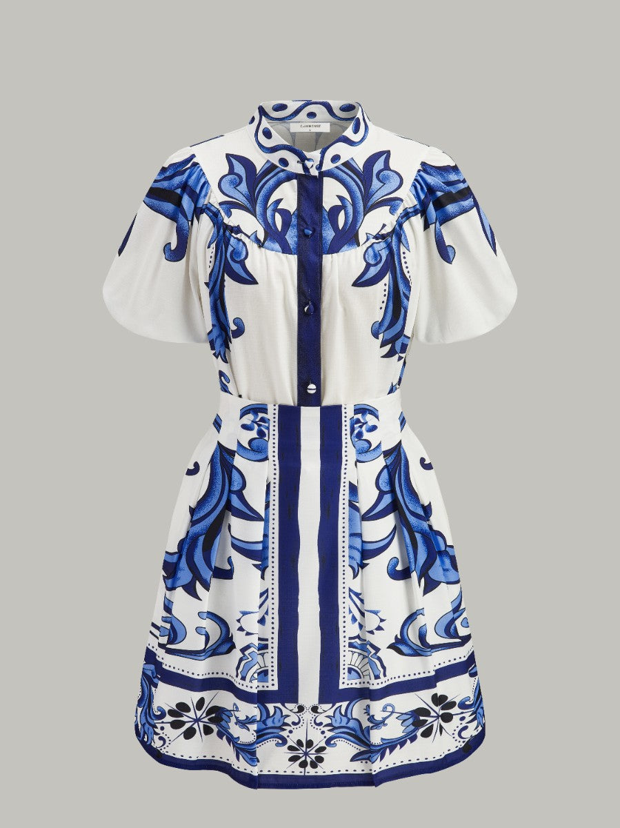Ensemble Jupe à Manches Bouffantes Imprimé Floral avec Poches