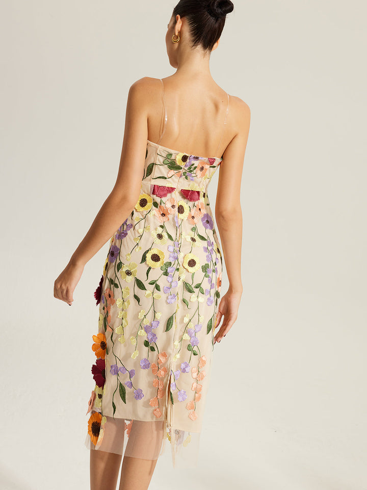 Robe Longue Fleurie Brodé Semi-Transparente Avec Bretelles Transparents