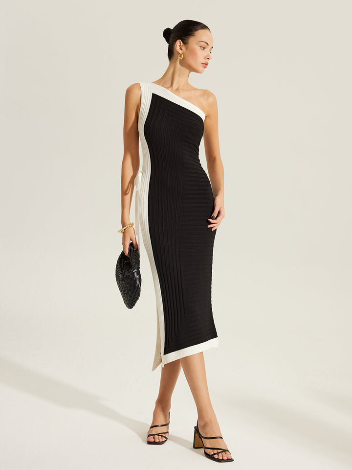 Robe Pull Manches Asymétriques Color-Block à Lacets Latéraux