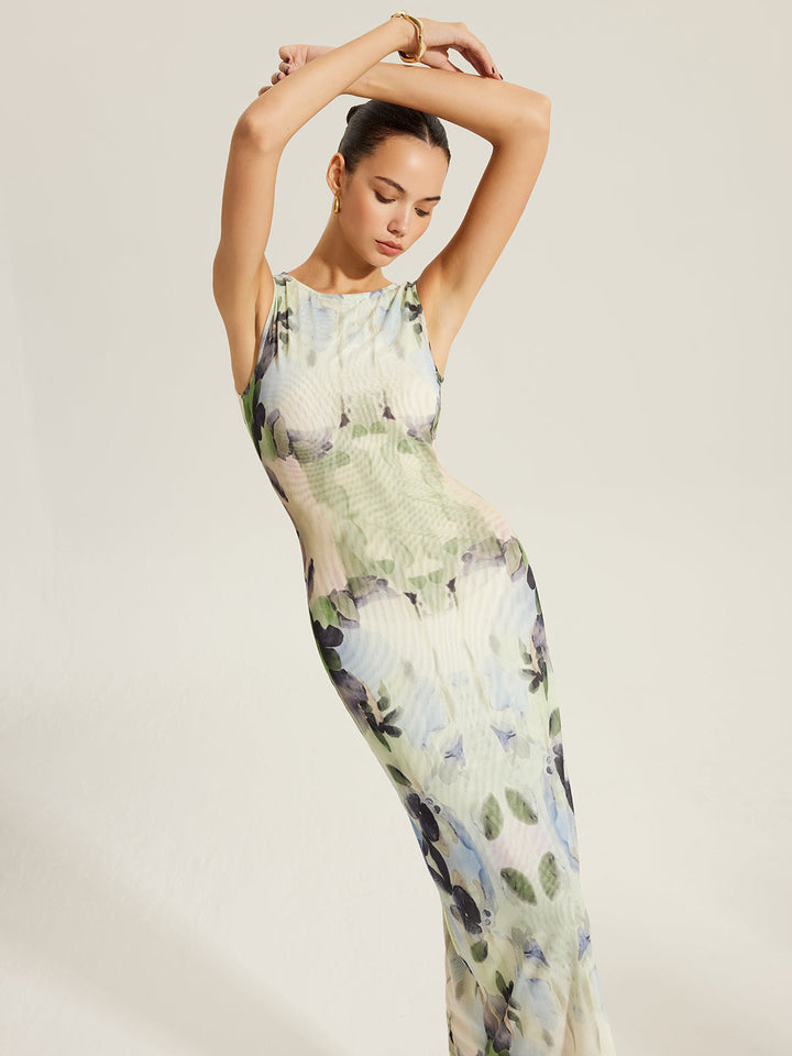 Robe en maille sans manches à imprimé floral