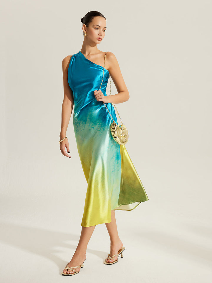 Robe Longue Satinée à Épaules Dénudées avec Détail de Nœud au Dos