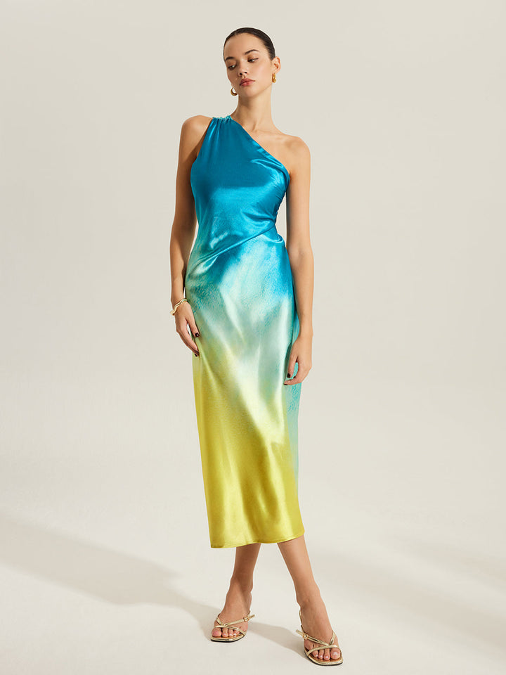 Robe Longue Satinée à Épaules Dénudées avec Détail de Nœud au Dos