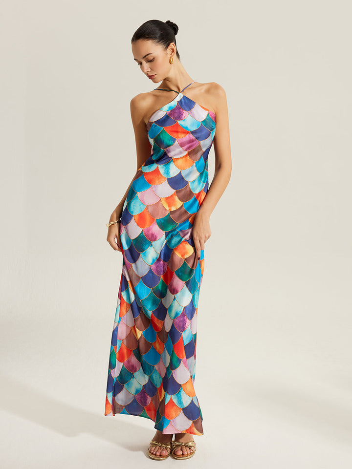 Robe Longue à Bretelles avec Imprimé Écailles Colorées