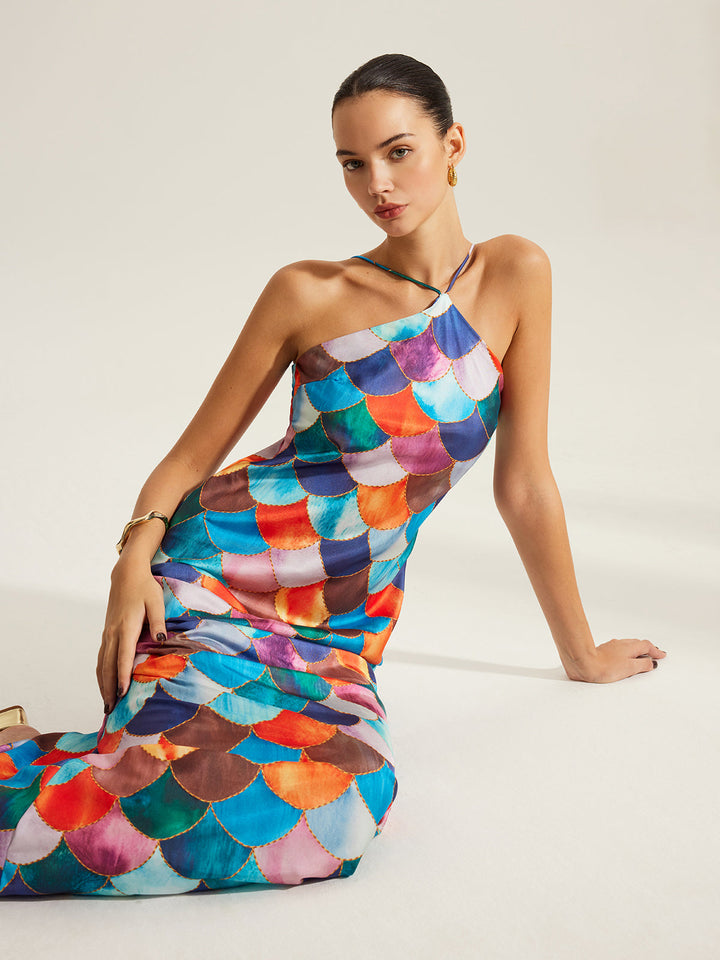 Robe Longue à Bretelles avec Imprimé Écailles Colorées