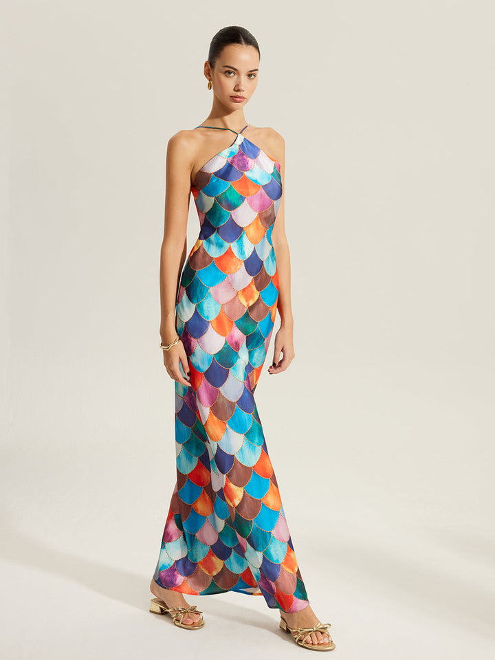 Robe Longue à Bretelles avec Imprimé Écailles Colorées