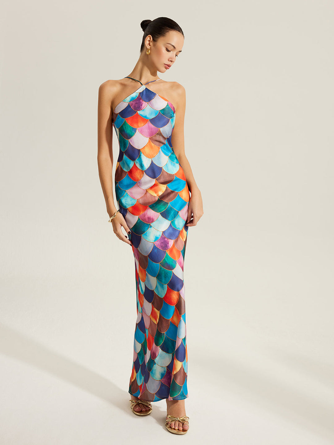 Robe Longue à Bretelles avec Imprimé Écailles Colorées