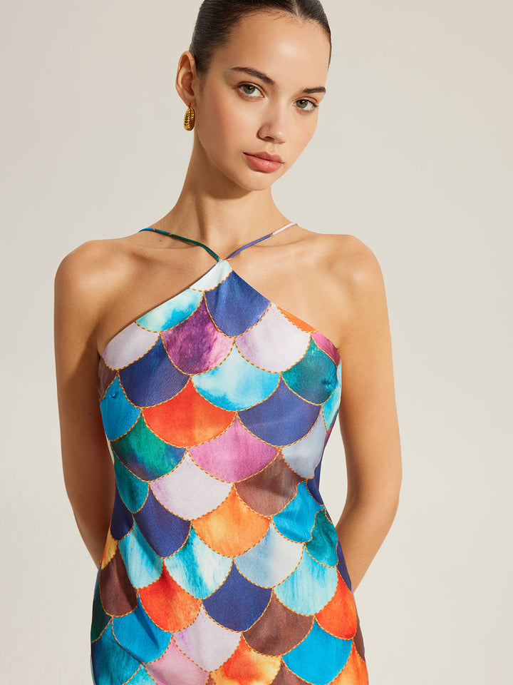 Robe Longue à Bretelles avec Imprimé Écailles Colorées